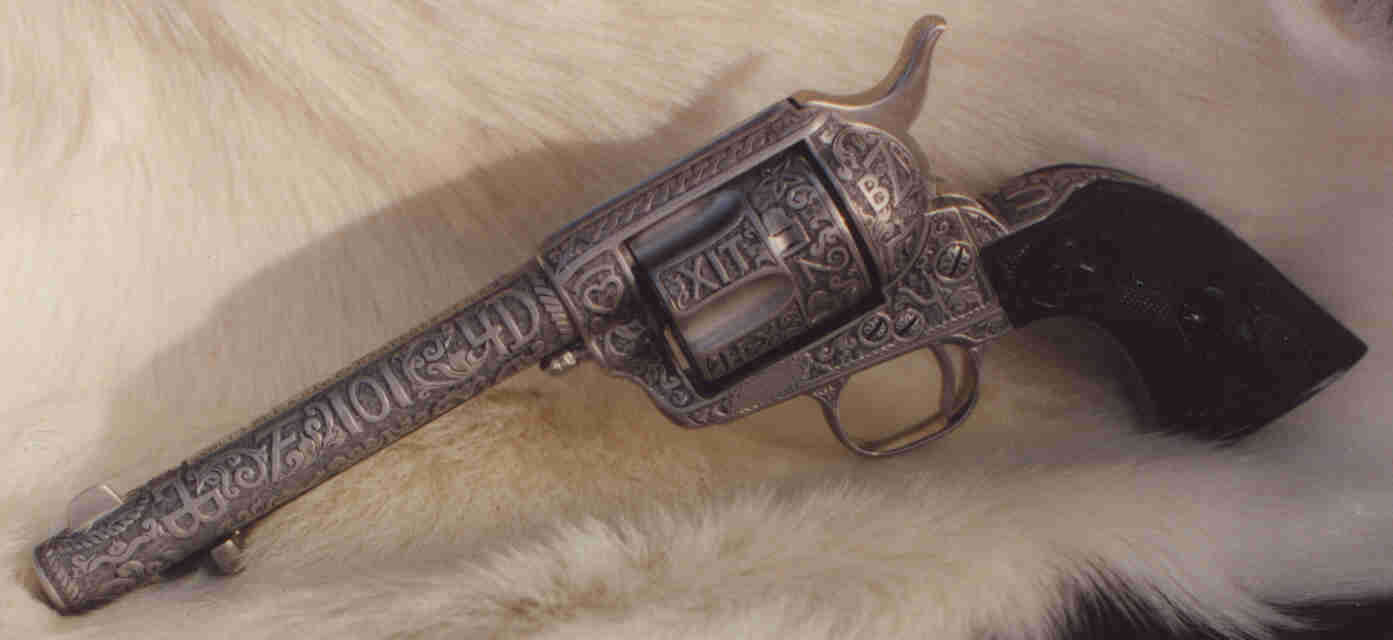 Texas Cattlebrand gun engraver, engraved colt single action, deep cattlebrands, custom firearms engraving